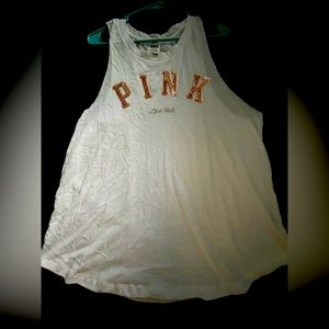 VICTORIAS SECRET PINK EVERYDAY RACERBACK TANK TOP WHITE ROSE GOLD - Size Large